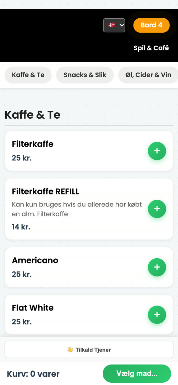 Lyst menukort til en spilcafé