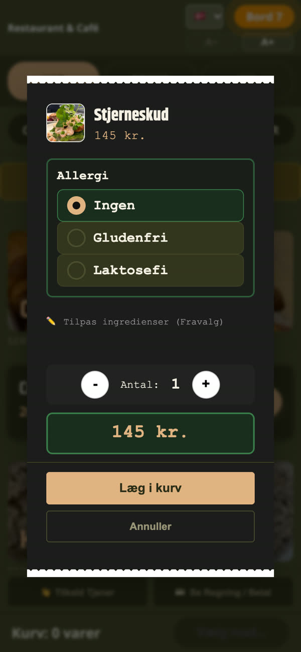 Valg af allergi og antal på en ret